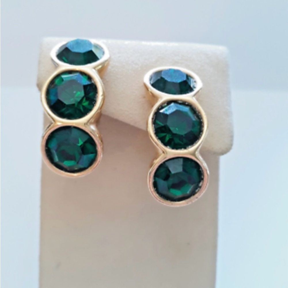 Vintage Swarovski signed gold tone enamel green crystal clip on earrings